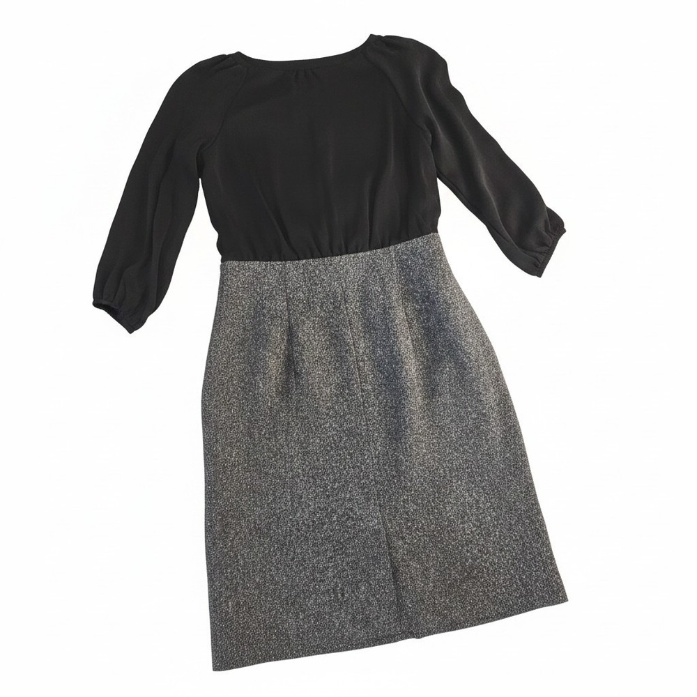 Ann Taylor Loft Black Ruffle Top Grey Wool Blend Tweed Skirt Sheath Dress Size 0 - Picture 2 of 8
